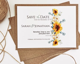 Sunflower Save the Date Cards, Sunflower Wedding Invitation, Wedding Announcement, Sunflowers on Shimmery Pearly Paper, Wedding favours