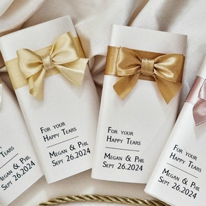 Bomboniere per gli ospiti, eleganti fazzoletti personalizzati per matrimonio, bomboniere, regali, Happy Tears, nastri oro, oro rosa, avorio, decorazioni