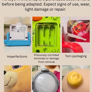 May include: Image showcasing examples of wear on second-hand toys. Includes imperfections, corroded terminals, torn packaging, staining, scratches, and scuff marks. Text reads: "Examples of possible wear. All toys in this shop are purchased second hand before being adapted."