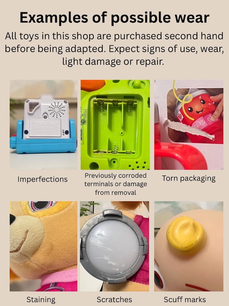 May include: Image showcasing examples of wear on second-hand toys. Includes imperfections, corroded terminals, torn packaging, staining, scratches, and scuff marks. Text reads: "Examples of possible wear. All toys in this shop are purchased second hand before being adapted."