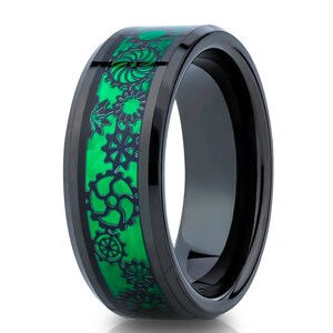 Gear Wedding Ring,Black Tungsten Wedding Ring,Gear Tungsten Ring,Green Tungsten Ring,Anniversary Ring,Engagement Ring,Unique Wedding Ring