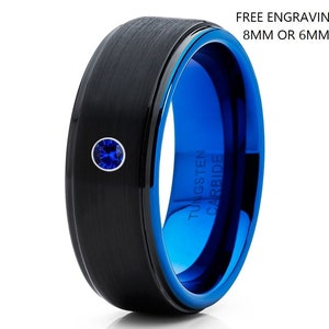 Blue Sapphire Tungsten Ring,Black Tungsten Ring,Men & Women,Black Wedding Band,Anniversary  Ring,Comfort Fit Band,Blue Sapphire Ring,Brush