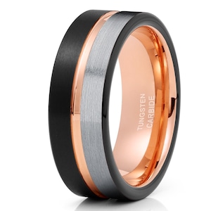 Unique Rose Gold Tungsten Wedding Ring,Black Tungsten Wedding Ring,Anniversary Ring,18k Rose Gold,Black Tungsten Ring,Men & Women,Unique