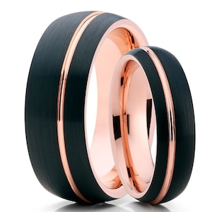 Anel de casamento de tungstênio dele e dela, aliança de casamento de tungstênio preto, anel de tungstênio de ouro rosa, anel de carboneto de tungstênio, anel de aniversário, alianças de ouro rosa
