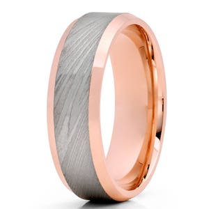Damascus Steel Wedding Band Rose Gold Wedding Ring Men & Women 14k Rose Gold Wedding Ring Anniversary Ring Brush Comfort Fit