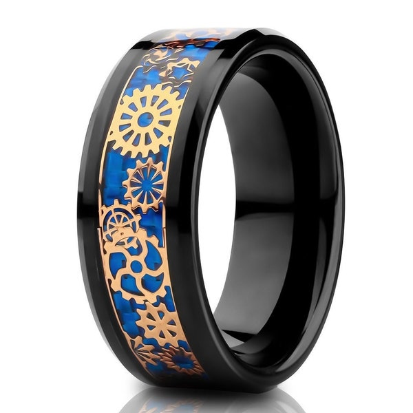 Gear Tungsten Wedding Ring,Rose Gold Wedding Ring,Black Tungsten Ring,Tungsten Carbide Ring,Engagement Ring,Unique Tungsten Ring,Blue Ring