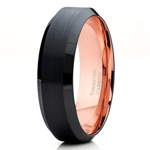 Rose Gold Tungsten Ring, Men & Women, Black Tungsten Ring, Anniversary Ring, Tungsten Carbide Ring, Black Wedding Ring, 18k Rose Gold Ring