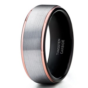 Rose Gold Tungsten Ring Gray, Black Tungsten Wedding Band, 18K Rose Gold, Men & Women, Anniversary Ring, Engagement Ring, Comfort Fit