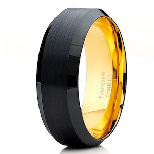 Yellow Gold Tungsten Wedding Ring Black Tungsten Ring Men & Women Tungsten Carbide Ring Anniversary Beveled Wedding Band
