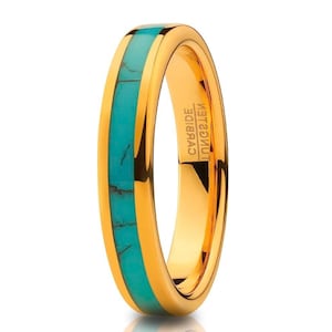 4mm Wedding Ring,Turquoise Tungsten Wedding Ring,Anniversary Ring,Engagement Ring,Tungsten Carbide Ring,18k Yellow goLD Wedding Ring,Flat