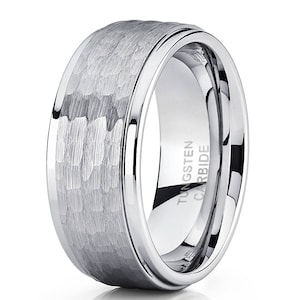 Silver Tungsten Wedding Band,Hammered Wedding Ring,Tungsten Carbide Ring,Men & Women 9mm,Tungsten Band