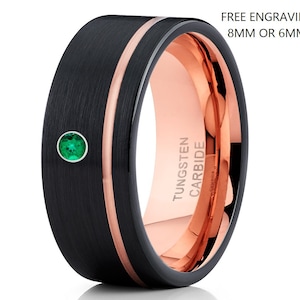 Anello in tungsteno con smeraldo verde, anello per anniversario, anello in tungsteno da uomo, anello in oro rosa 18k, vestibilità comoda, uomo e donna, fede nuziale nera