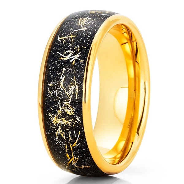 Meteorite Tungsten Wedding Ring,18k Yellow Gold,Tungsten Wedding Ring,Tungsten Carbie Ring,Anniversary Ring,Engagement Ring