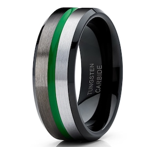 Mens Black Tungsten Ring, Green Tungsten Wedding Band, Gunmetal Tungsten Ring, Anniversary Ring, Men &  Women, Engagement Ring, Comfort Fit