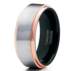 Mens Rose Gold Tungsten Ring, 18k Rose Gold Tungsten Ring, Black Tungsetn Ring 6mm, Anniversary Ring, Engagement Ring, Comfort Fit, Unique