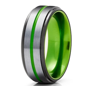 Black Tungsten Wedding Band,Green Tungsten Wedding Ring,Anniversary Ring,Engagement Ring,Men & Women,Green Wedding Band,Brush Ring