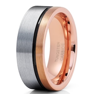 Rose Gold Tungsten Ring Silver, Black Tungsten Ring, 18k Rose Gold, Men & Women, Anniversary Ring, Engagement Ring, 8mm Rose Gold Ring