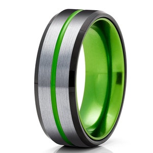Gray Tungsten Wedding Band,Green Tungsten Ring,Anniversary Ring,Men & Women,Gray Tungsten Ring,Unique Tungsten Wedding Band,Green Ring