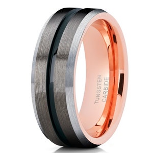 Black Tungsten Wedding Band, 18k Rose Gold 8mm, Rose Gold Tungsten Ring, Men & Women, Anniversary Ring, Engagement Ring, Comfort Fit Ring
