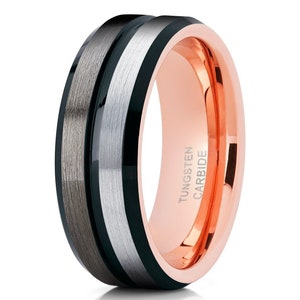 Roségouden wolfraamring heren, zwarte wolfraamring, heren en dames, jubileumring, 18k roségoud, roségouden wolfraamband, zwart wolfraam