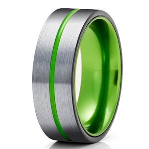 Black Tungsten Wedding Band,Green Tungsten Wedding Ring,Anniversary Ring,Engagement Ring,Men & Women,Green Wedding Band,Brush Ring