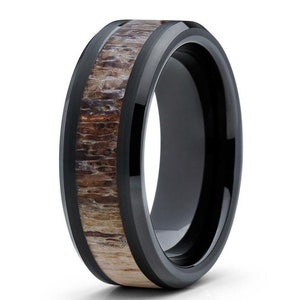 Deer Antler Wedding Band, Black Tungsten Ring, Deer Antler Tungsten Wedding Ring, Men & Women, Anniversary Ring, Engagement Ring