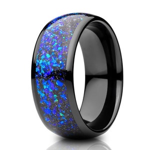 オパール結婚指輪、ギャラクシーオパールタングステンリング、婚約指輪、ブラック結婚指輪、ユニークなタングステンリング、記念日リング、ドーム結婚指輪