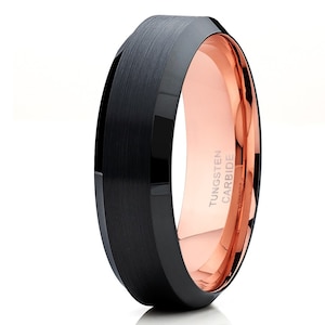 Rosegold Wolfram Ring, Rosegold Wolfram Ehering, gebürstet Schwarz Wolfram Ring 6 mm 18k, Verlobung Ring, Jubiläumsring, His & Hers