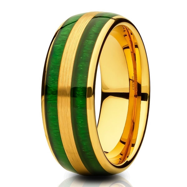 Green Jade Wood Wedding Ring,Tungsten Wedding Ring,8mm Wedding Ring,Anniversary Ring,18k Yellow Gold,Tungsten Carbide Ring,Engagement Ring