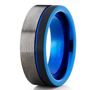 Blue Tungsten Wedding Band,Gunmetal Tungsten Ring,Tungsten Carbide Ring,Gray Tungsten Ring,Anniversary Band,Men & Women,Blue Wedding Ba