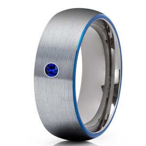 0.21ctw Blue Sapphire 3-Stone Tungsten Ring Brushed Finish Blue IP Comfort Fit 2-Tone Tungsten Wedding Ring TN744BS September Birthstone