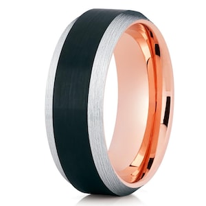 Zwarte wolfraamring, zwarte wolfraam trouwring, roségouden wolfraamring, jubileumring, heren en dames, 18k roségouden ring, comfortabele pasvorm