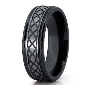 Black Zirconium Wedding Band Infinity Design Black Wedding Ring Anniversary Band Men & Women Black Zirconium Brush Ring Comfort Fit