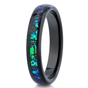 Galaxy Opal Wedding Ring,4mm Wedding Ring,Black Wedding Ring,Tungsten Carbide Ring,Unique Wedding Band,Opal Wedding Ring,Tungsten Ring