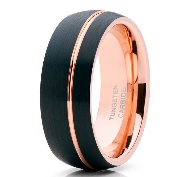 Anillo de tungsteno de oro rosa, oro rosa de 18 k, banda de boda de tungsteno de oro rosa, anillo de aniversario, hombres y mujeres, anillo de tungsteno negro, ajuste cómodo