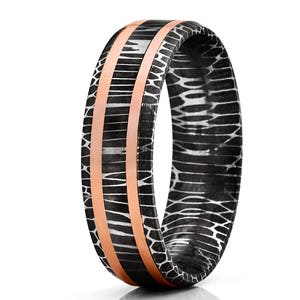 Damascus Steel Wedding Band Rose Gold Wedding Ring Damascus Steel Wedding Ring Men & Women 14k Rose Gold Inlay Ring