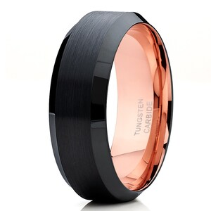 mens Rose Gold Tungsten Ring, 18k Rose Gold Tungsten Ring, Anniversary Ring, Engagement Ring, Rose Gold Tungsten Wedding Ring, Black Ring