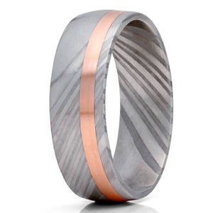 Damascus Steel Wedding Band Rose Gold Wedding Ring Damascus Steel Wedding Ring Men & Women 14k Rose Gold Inlay Ring