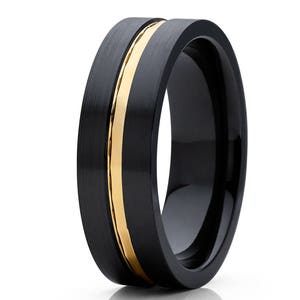 Men&#39;s Black Wedding Band,Black Zirconium Wedding Ring,14k Yellow Gold,Matte Brush,Anniversary Ring,Engagement,Comfort Fit,Man or Woman Band