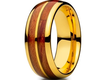 Koa Wood Wedding Ring for Men & Women, 8mm Tungsten Carbide Band with Yellow Gold IP, Shiny Dome Finish Ring, Engagement Personalized Gift