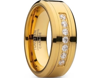 Men’s Yellow Gold Tungsten Ring with CZ Inlay, Beveled Edge Wedding Band, 18K Gold Plated Comfort Fit Ring, Personalized Pipe Design Ring