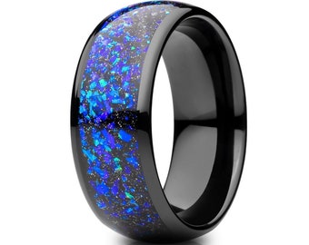 8mm Opal Black Wedding Band,Tungsten Wedding Ring,Men's & Woman's,Anniversary Ring,Engagement Band,Comfort Fit,Unique Engagement Ban,Blue