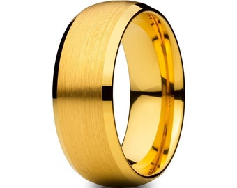 8mm Tungsten Carbide Ring, Unique 18k Yellow Gold Plated Dome Band, Comfort Fit Beveled Edges Ring, Personalized Elegant Jewelry Gift