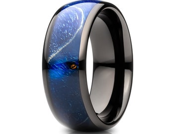 Blue Wood Wedding Band,Black Tungsten Ring,Men's Wedding Ring,Anniversary & Engagement,Comfort Fit Ring,Unique Azure Wood Inlay,Women's Band