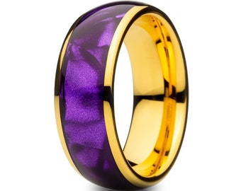 Purple Cowrie Wedding Ring, 8mm Yellow Gold Tungsten Band, Gold IP Plated Dome Comfort Fit Ring, Personalized Waterproof Ring for Him