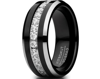 Man's Wedding Ring,Black Tungsten Ring,Anniversary Ring,Engagement Ring,Unique Tungsten Ring,CZ Wedding Ring,Tungsten Carbide Ring,Beveled