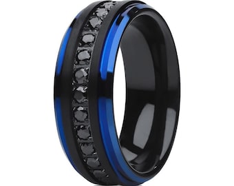 Blau Wolfram Ehering,Schwarz CZ Wolframring,Herren Blau Wolfram Ehering,Jahrestag Ring,Blau Wolframring,Karbid Ring