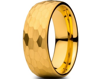 Hammered Tungsten Wedding Ring, 8mm Dome Band with  Yellow IP Gold Plating, Brushed Finish Comfort Fit Ring, Personalized Wedding Band