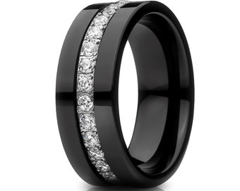 Shiny Black Tungsten Wedding Ring,8mm Wedding Band,Men's or Women's Ring,Comfort Fit,Anniversary Band,Engagement Ring,Flat Shape,CZ Diamond
