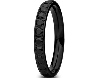 3mm Titanium Wedding Ring Black CZ Eternity Band, Rose Gold IP Plated Comfort Fit Anniversary Ring, Personalized Engagement Promise Band
